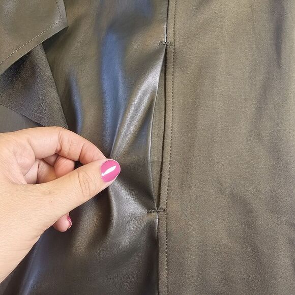 Denim‎ & Company 1X Olive Green Jacket Open Front Vegan Leather Pockets Stretch - Picture 5 of 8